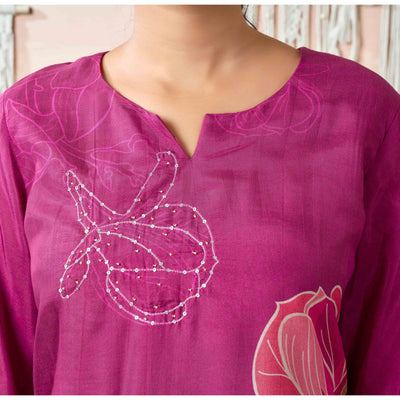 Mulberry Wine Beads Work Digital Printed Muslin Co-Ord Set