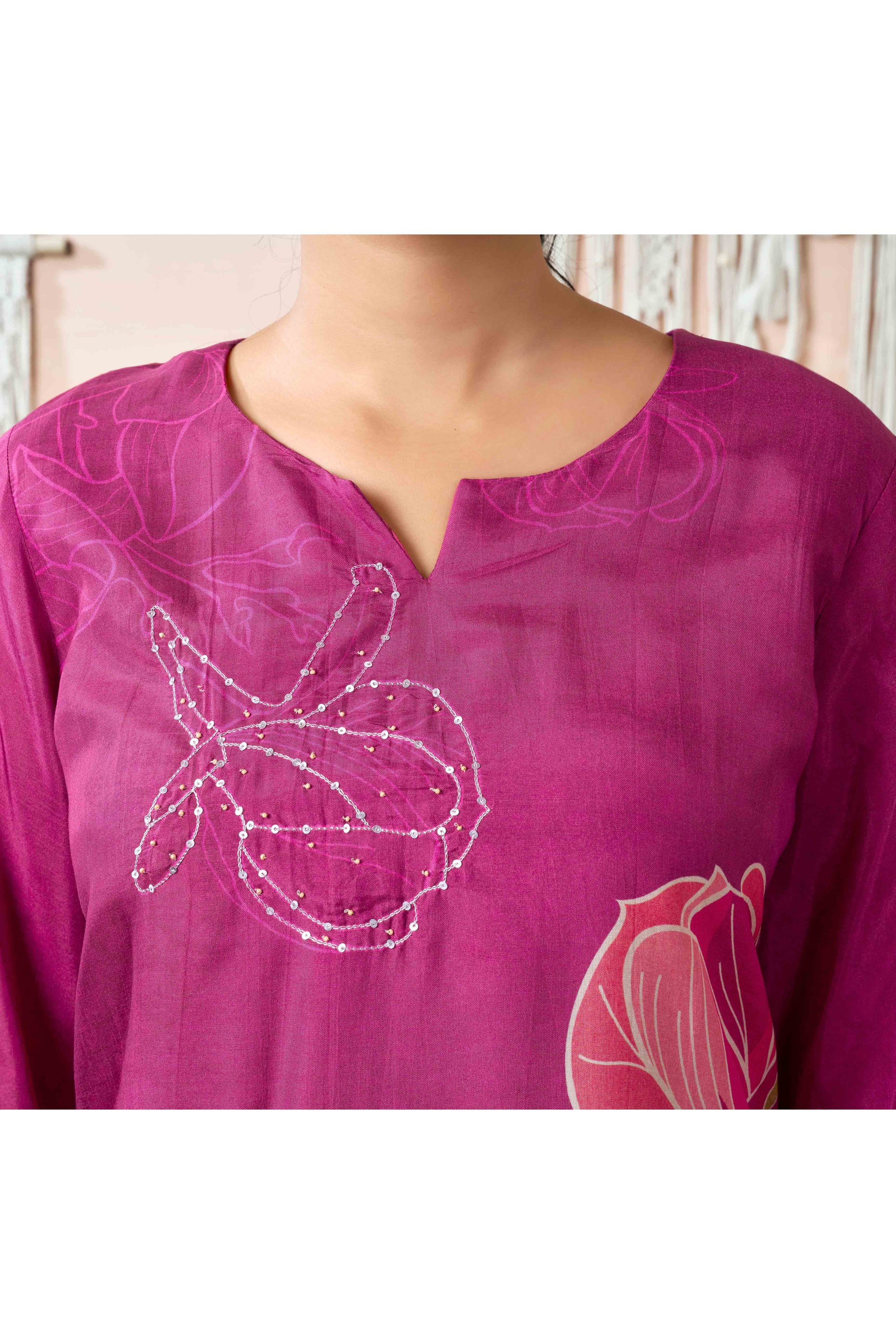 Mulberry Wine Beads Work Digital Printed Muslin Co-Ord Set
