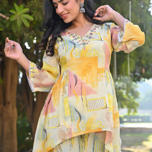 Cream & Yellow Printed With Embroidered Pure Chinon A-Line Co-Ord Set