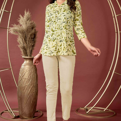 Cream & Olive Floral Printed Rayon Top