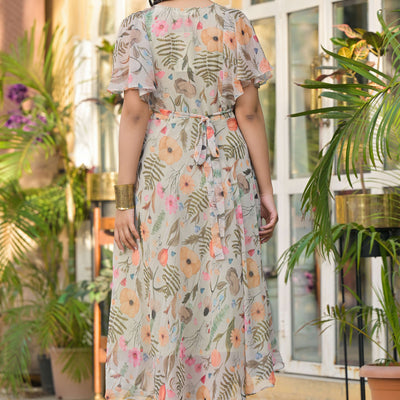 Light Olive Digital Floral Printed Chiffon Maxi Dress