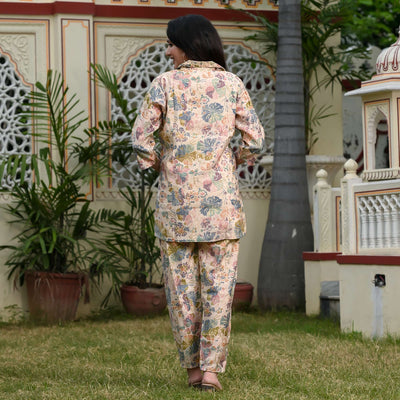 Cream Floral Printed Muslin Co Ord Set