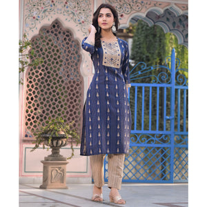 Blue Woven Pure Cotton Straight Salwar Suit