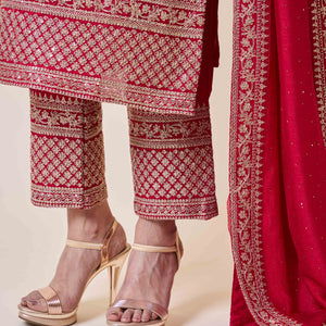Dark Pink Embroidered Vichitra Silk Salwar Suit