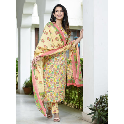 Cream Floral Printed Pure Cotton Salwar Suit