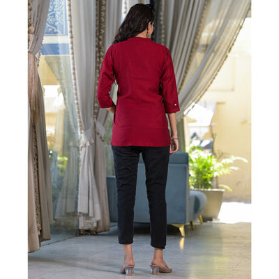 Maroon Solid Cotton Silk Straight Top