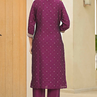 Dark Purple Golden Embroidered Vichitra Silk Salwar Suit