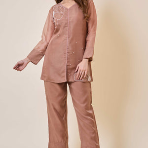 Brown Floral Embroidery Organza Co-Ord Set