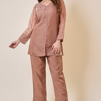 Brown Floral Embroidery Organza Co-Ord Set