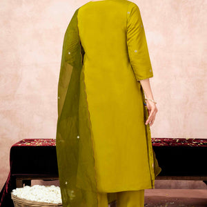 Lime Yellow Floral Embroidered Muslin Straight Salwar Suit