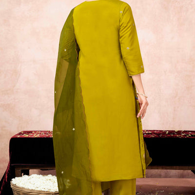 Lime Yellow Floral Embroidered Muslin Straight Salwar Suit