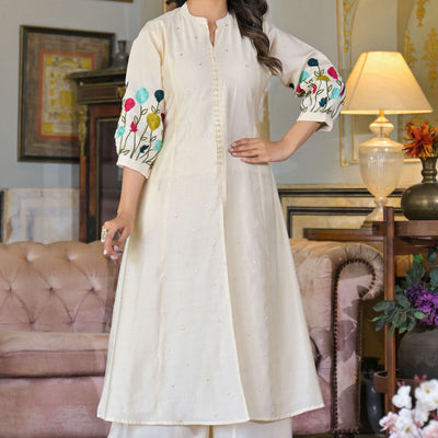 Cream Thread Embroidered Chanderi A-Line Salwar Suit