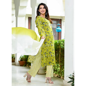Lemon Green Floral Printed Pure Cotton Suit