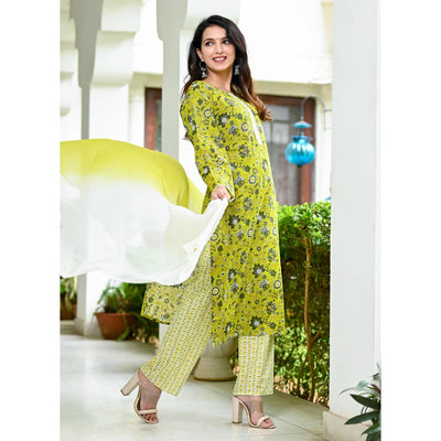 Lemon Green Floral Printed Pure Cotton Suit