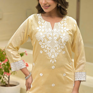 Chikoo Floral Embroidered Chanderi Kurti Pant Set