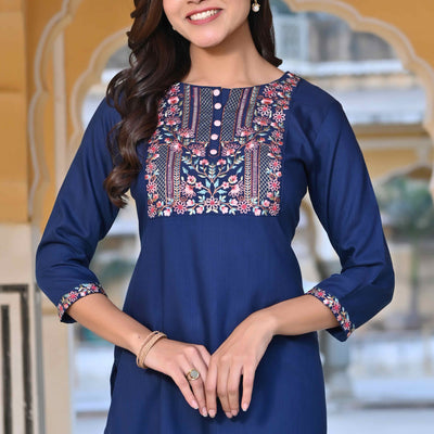 Blue Yoke Embroidered Rayon Slub Straight Kurti