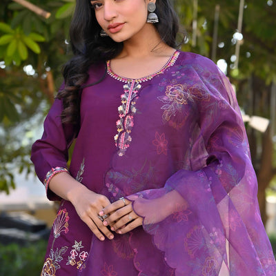 Dark Purple Floral Hand Work Viscose Straight Salwar Suit