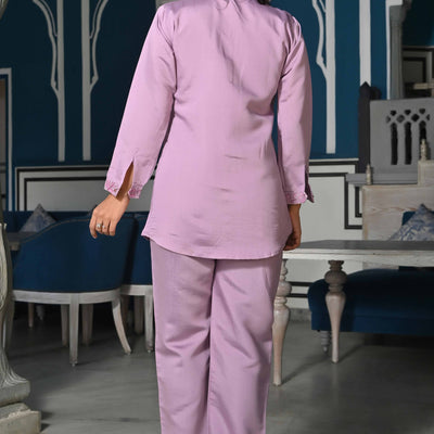 Mauve Floral Hand Work Embroidered Chanderi Co-Ord Set