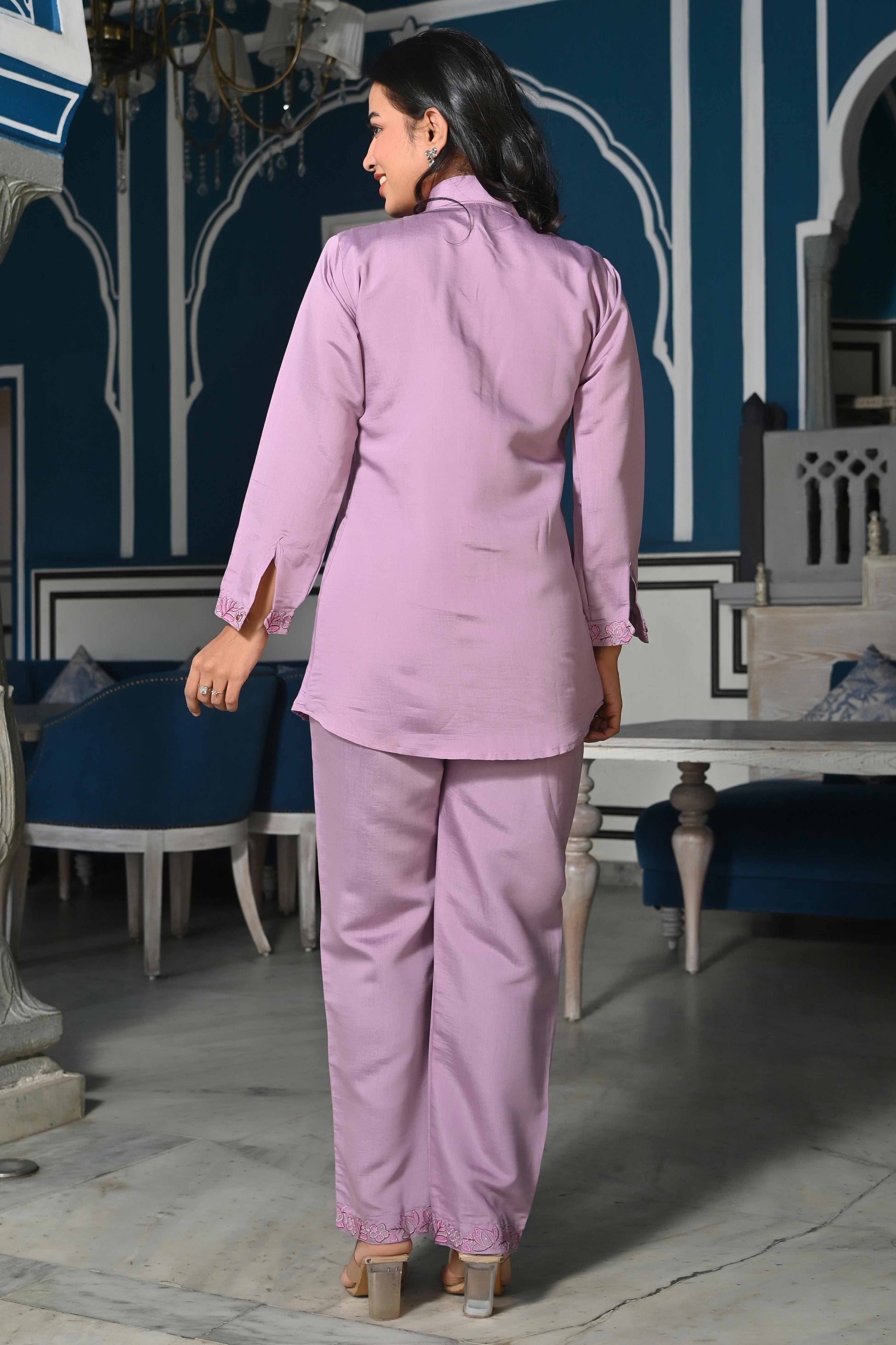 Mauve Floral Hand Work Embroidered Chanderi Co-Ord Set