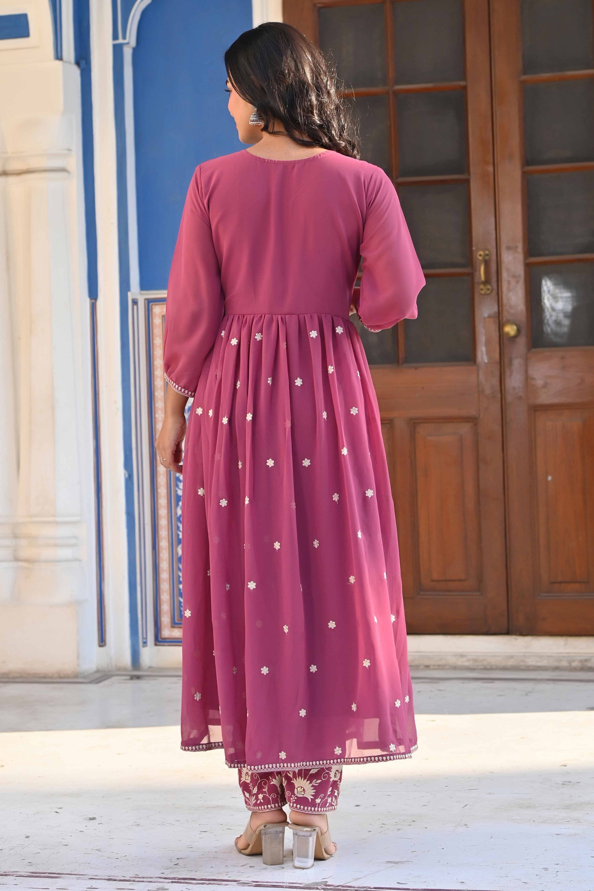 Mauve Floral Embroidered Georgette Front Slit Salwar Suit