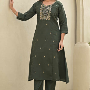 Mehandi Green Floral Embroidered Viscose A-Line Salwar Suit