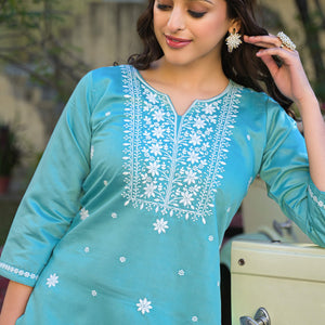 Mint Green Floral Embroidered Viscose Gadwal Silk Top Bottom Set