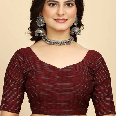 Dark Maroon Striped Zari Woven Chiffon Saree With Tassels