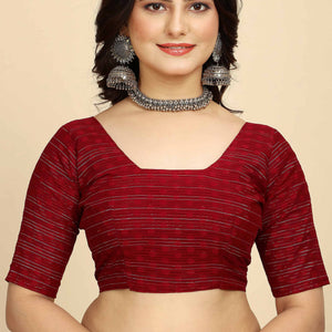 Dark Red Striped Zari Woven Chiffon Saree With Tassels