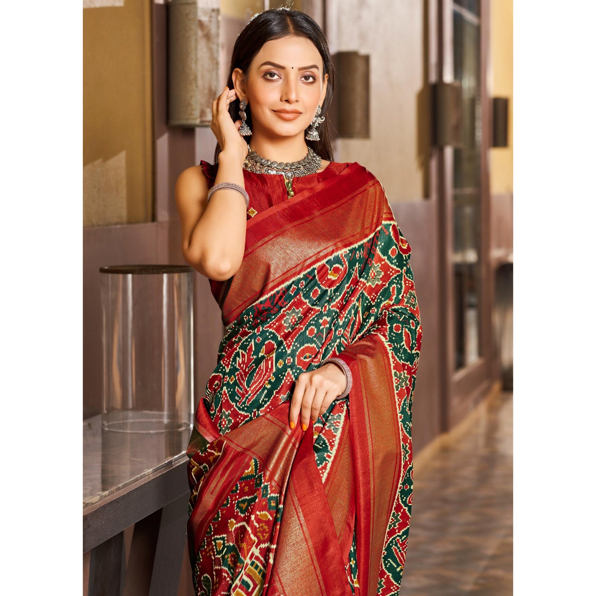 green-red-patola-printed-viscose-saree-with-zari-border