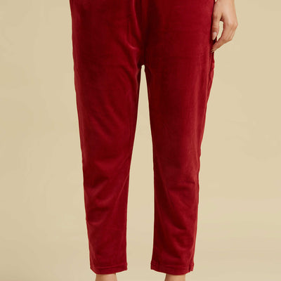 Maroon Embroidered Velvet A-Line Top Bottom Set