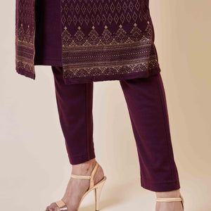 Dark Mauve Floral Woolen Top Bottom Set