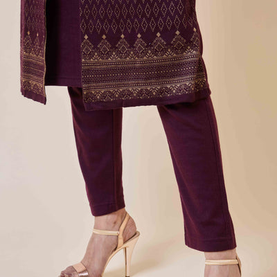 Dark Mauve Floral Woolen Top Bottom Set