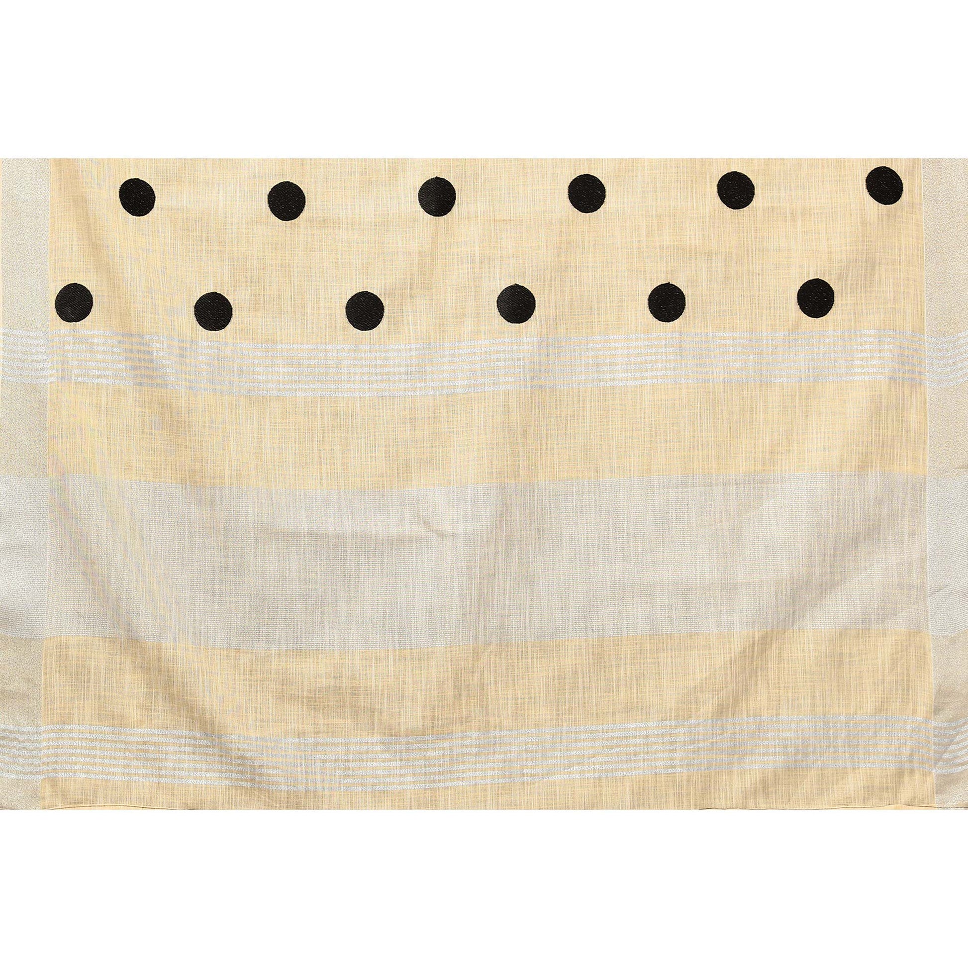 Cream Embroidered Linen Cotton Saree With Zari Border