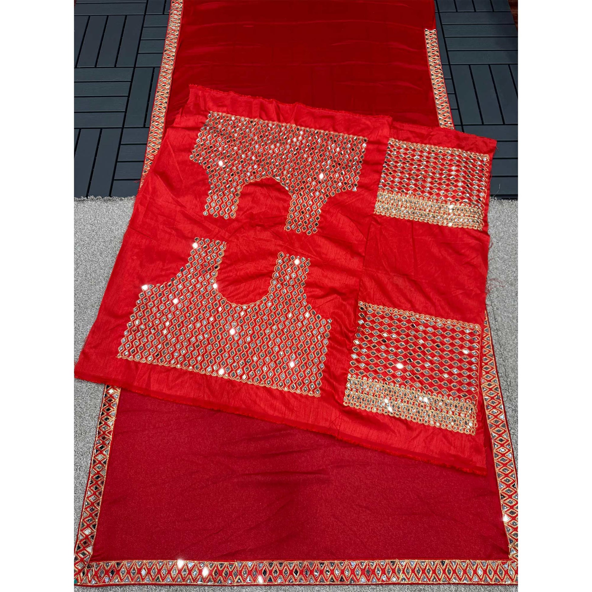 Crimson Red Mirror Embroidered Organza Saree