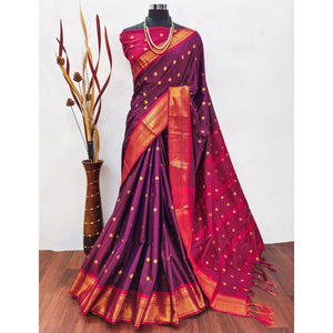 Purple Zari Woven Lichi Art Silk Saree With Tassels