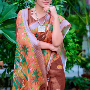 Brown Floral Printed Linen Saree