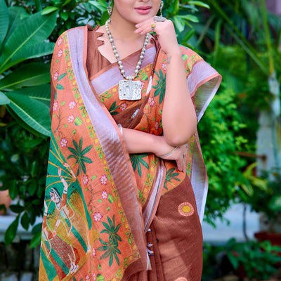 Brown Floral Printed Linen Saree