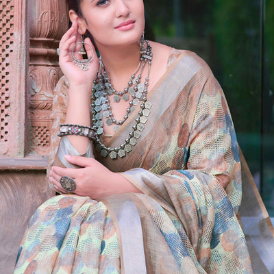 Light Brown Geometric Printed Linen Saree