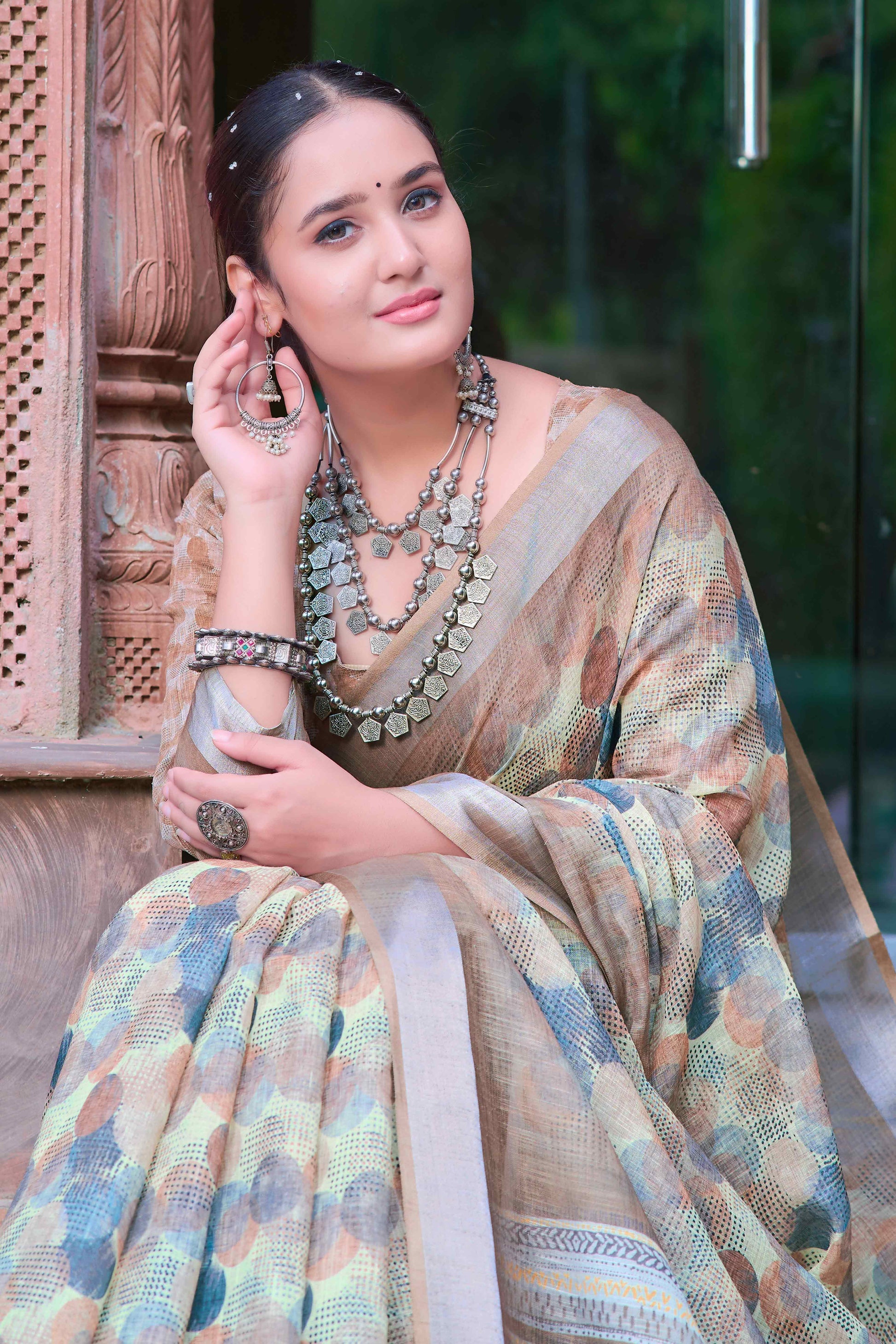 Light Brown Geometric Printed Linen Saree