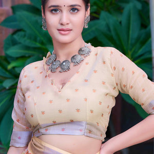 Light Peach Floral Printed Linen Saree