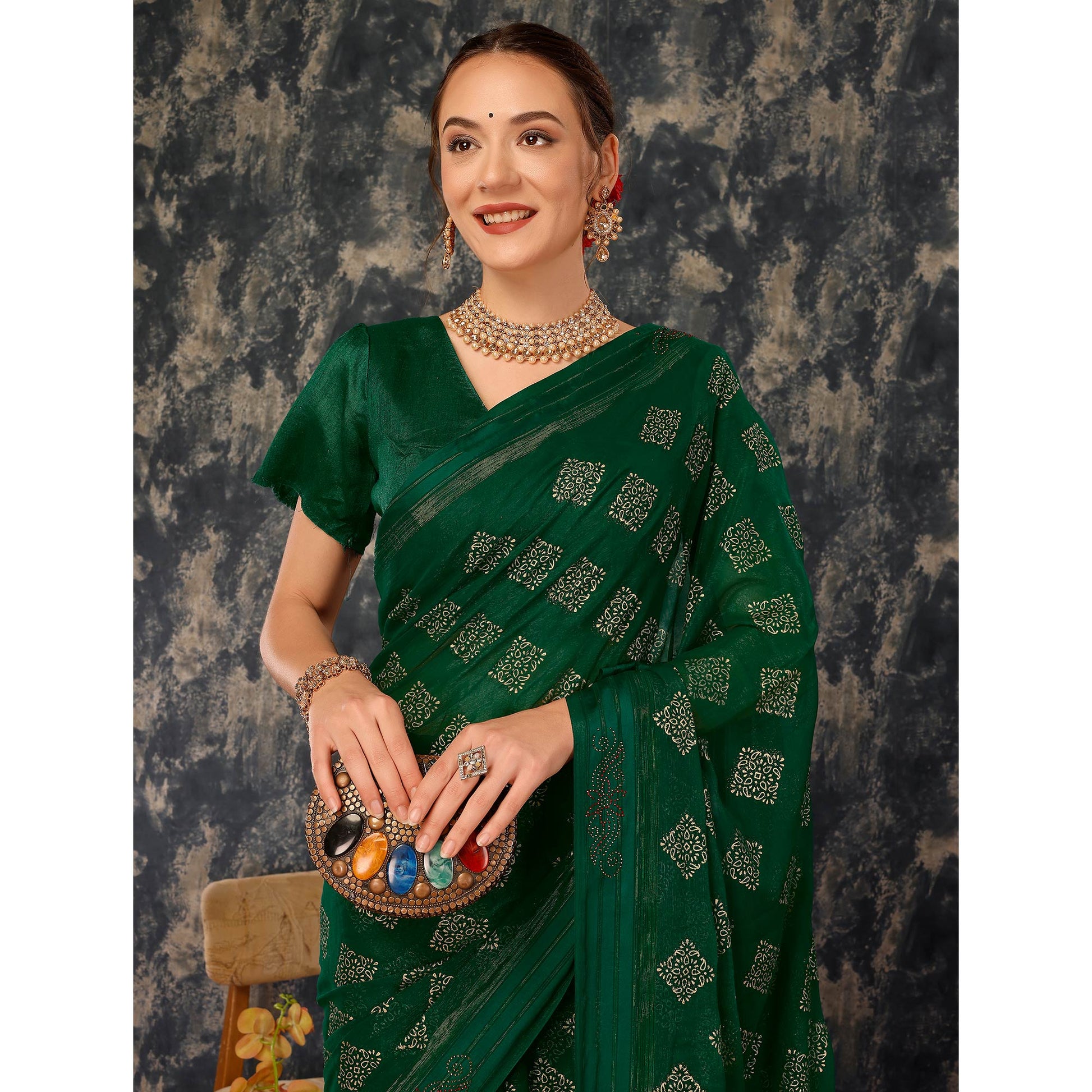 green-foil-printed-chiffon-saree-with-tassels-2