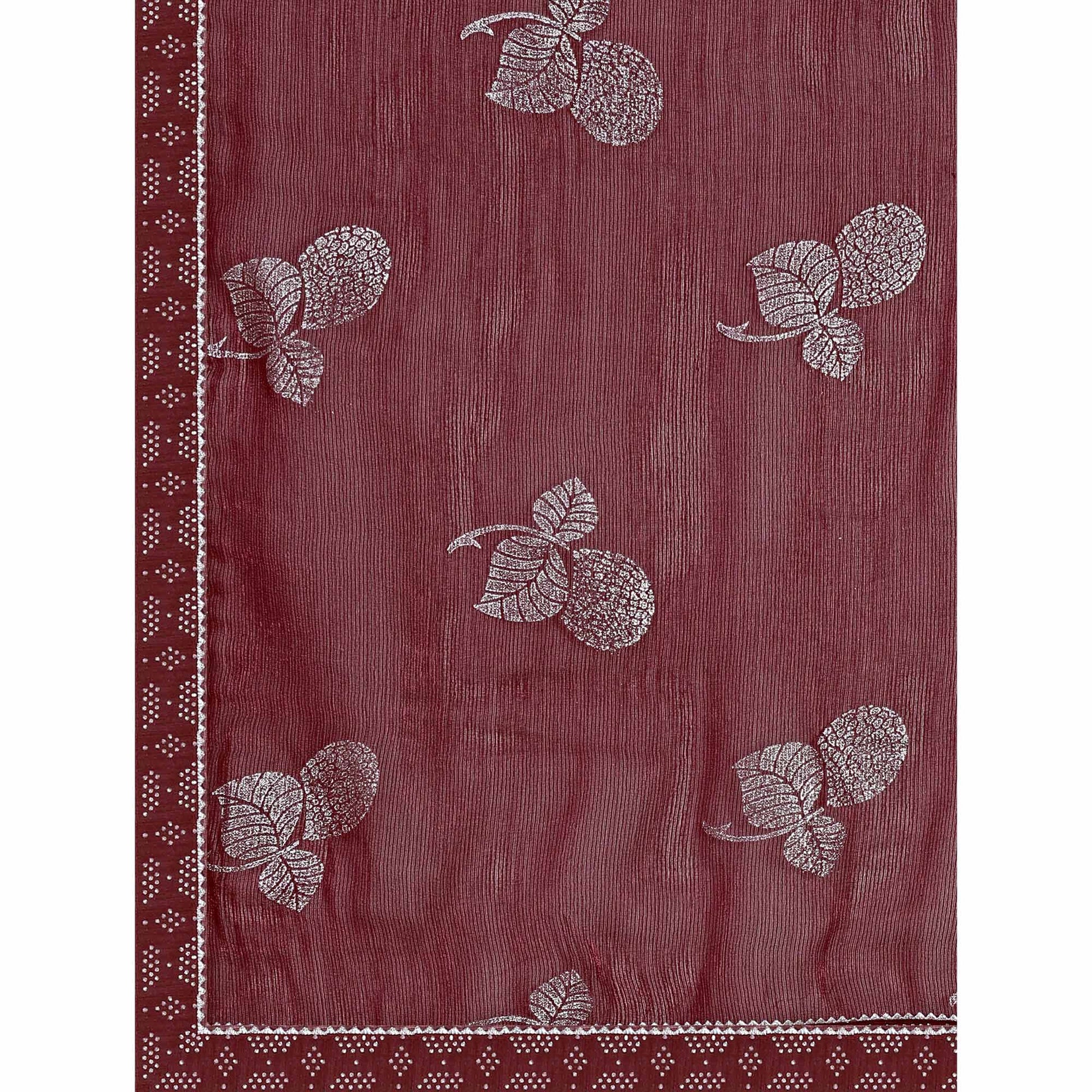 Maroon Floral Foil Printed Chiffon Saree