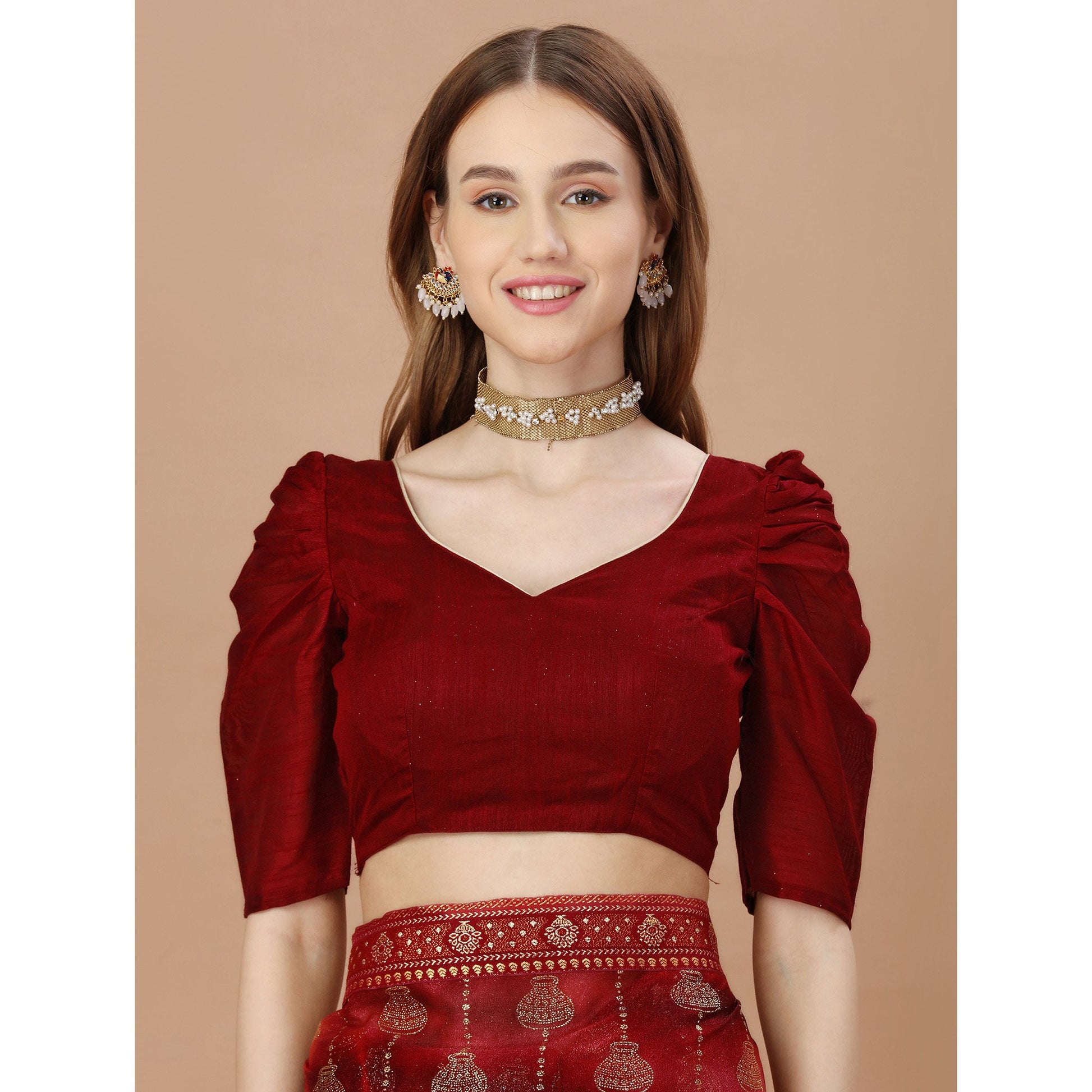 Maroon Foil Printed Lycra Saree With Lace Border