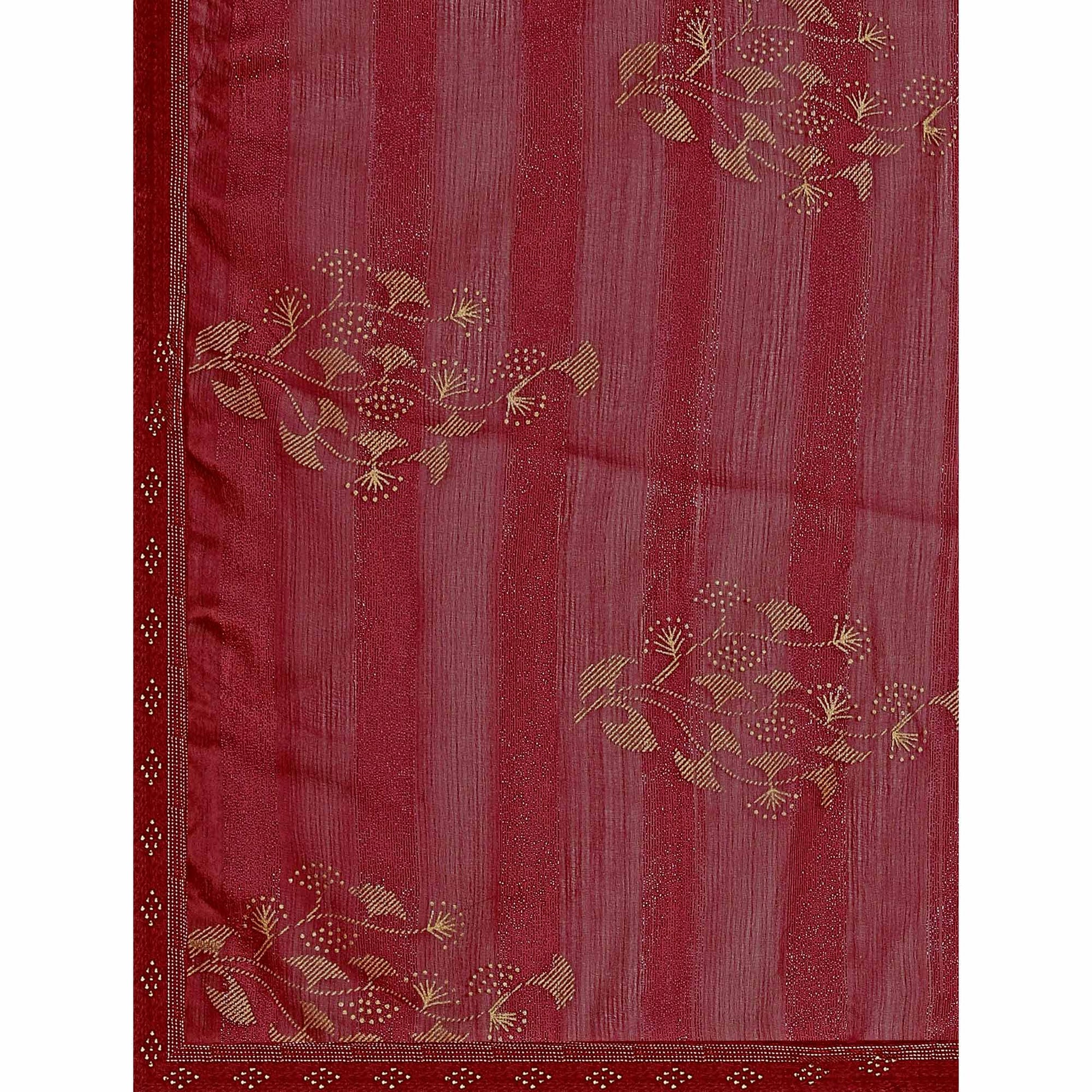 Maroon Foil Printed Chiffon Saree With Lace Border