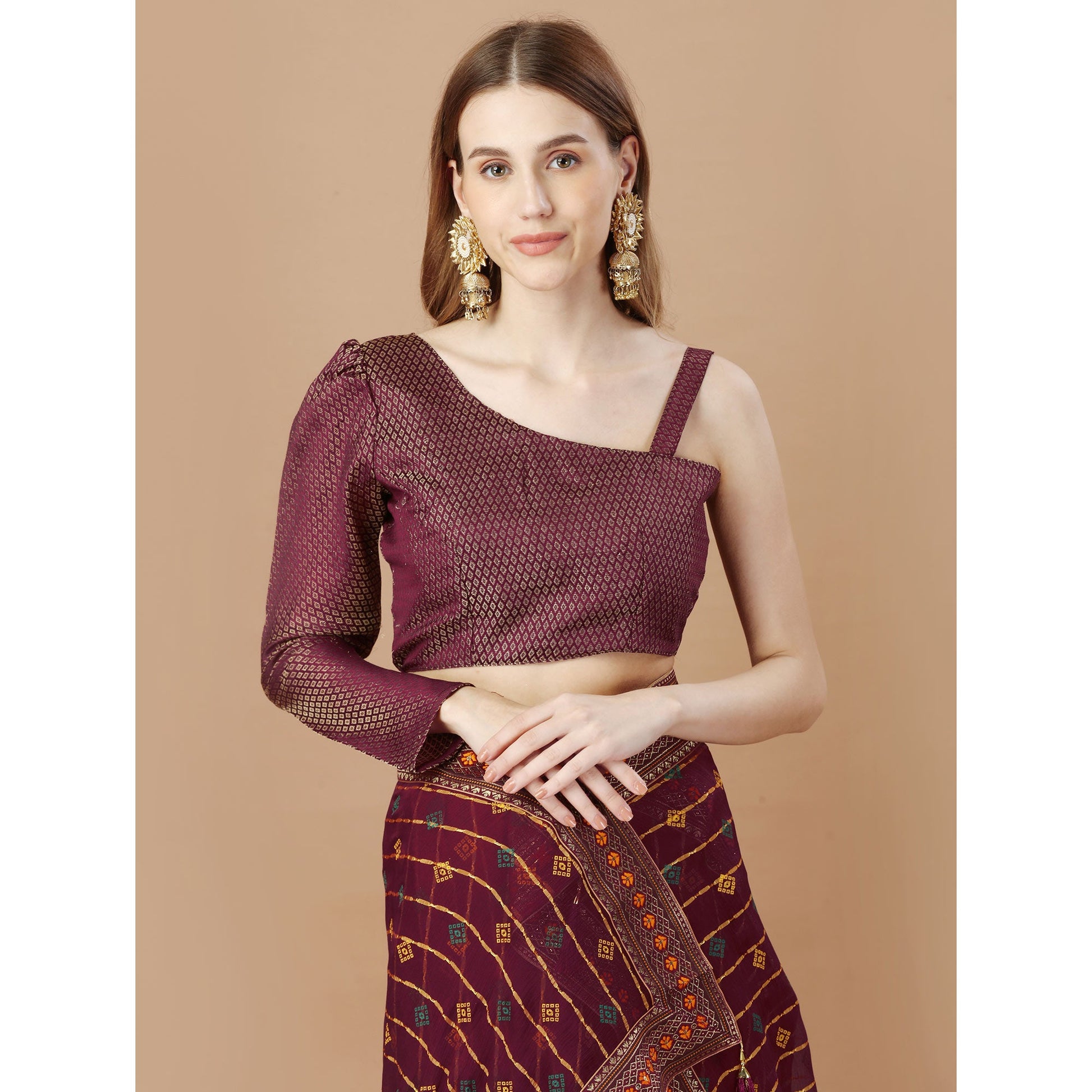 Maroon Foil Printed Chiffon Saree With Lace Border