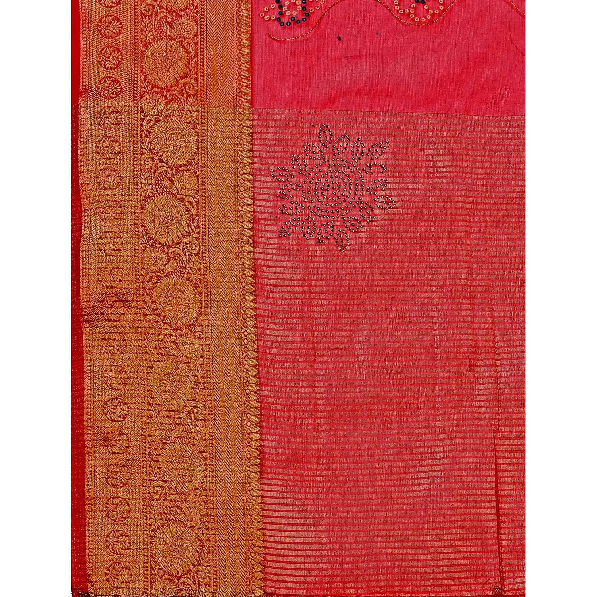 Dark Red Bandhani Printed Organza Saree With Woven Border
