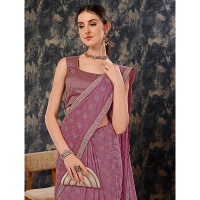 Mauve Printed Chiffon Saree With Lace Border