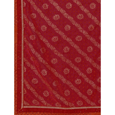 Maroon Floral Foil Printed Chiffon Saree With Lace Border