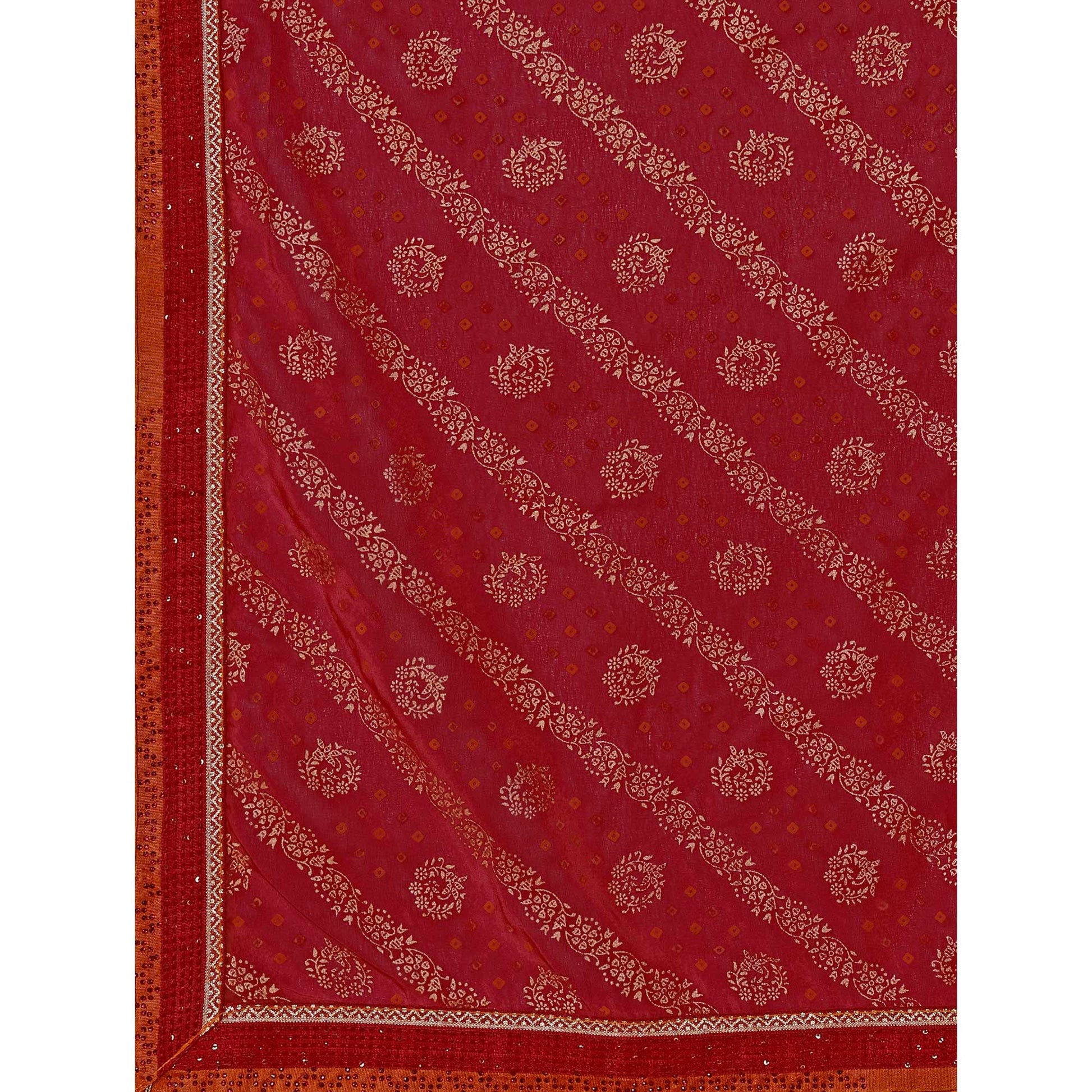 Maroon Floral Foil Printed Chiffon Saree With Lace Border