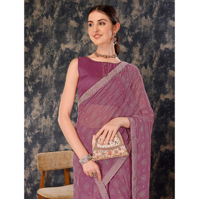 Mauve Printed Chiffon Saree With Lace Border